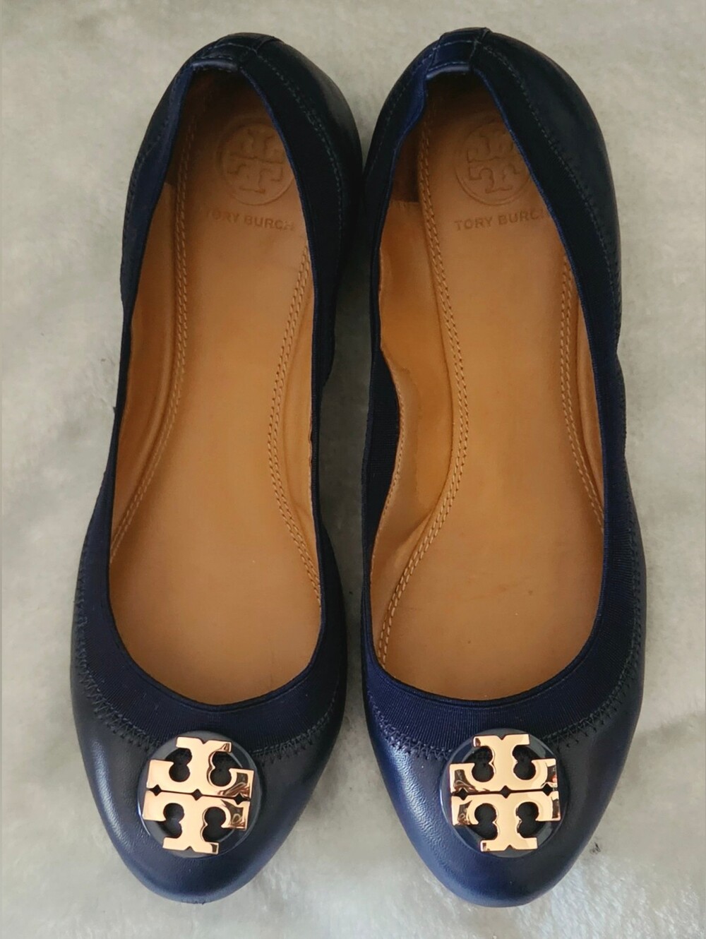 Tory Burch Navy Reva Ballet Flats with Gold Logo